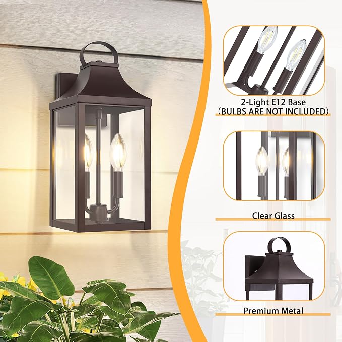 15" Outdoor Wall Lantern 2-Light, Outside Wall Sconce Light Fixture | Industrial Porch Light Wall Mount with E12 Sockets, Waterproof Modern Exterior Lamp Lighting, Brown (No Sensor)