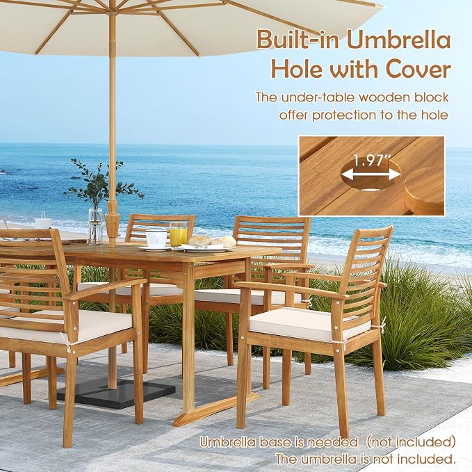 HAPPYGRILL 6 Pieces Acacia Wood Outdoor Dining Set for 6 People, Patio Table & 4 Chairs & 1 Bench Set with Umbrella Hole, Outside Picnic Furniture