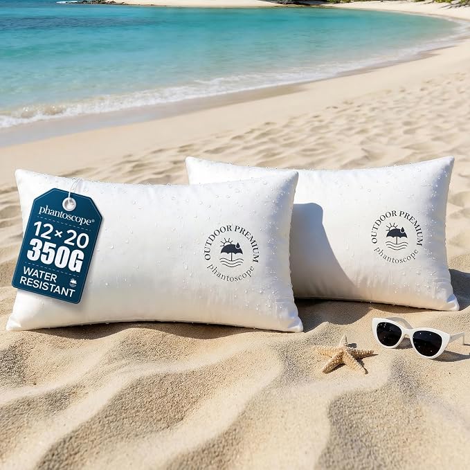 Phantoscope 12x20 Outdoor Pillow Inserts, Waterproof Lumbar Pillows 2-Pack | Water Resistant Outdoor Throw Pillow Inserts, Hypoallergenic Decorative Pillow Stuffers for Patio, Porch, Garden, Logo Design