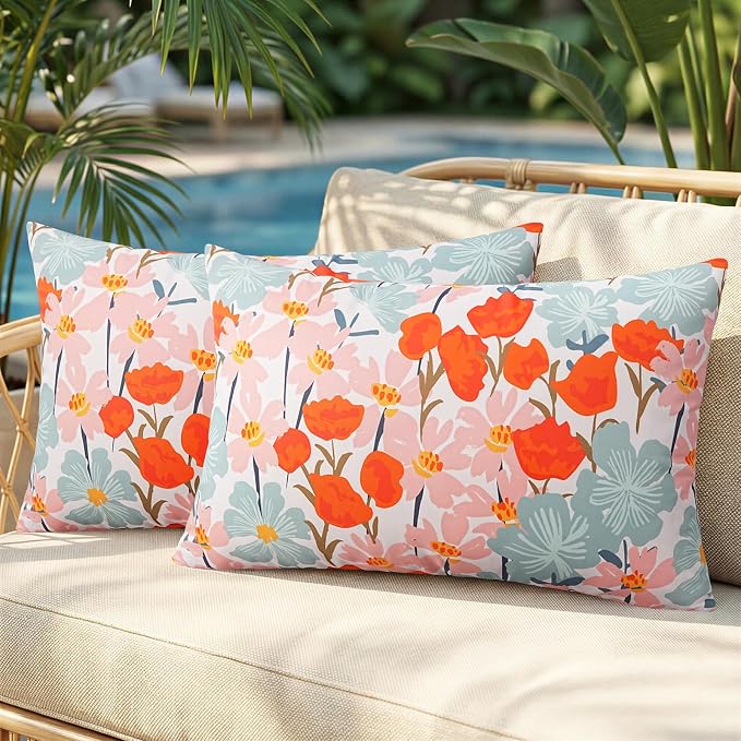 Pyonic Floral Outdoor Lumbar Pillows Covers 12x20 inch Waterproof Spring Summer Decor Outdoor Pillows for Patio Furnture Garden Bench Porch