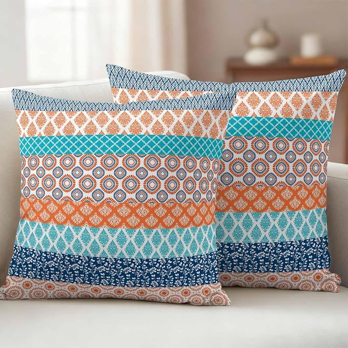 Geometric Bohemia Outdoor Pillow Covers Set of 2 Stripes Orange Turquoise and Blue Waterproof Throw Pillow Cover Decorative Cushion Cases for Patio Porch Garden 26X26 Inch