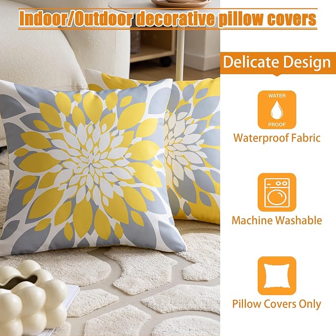 Pack of 4 Fall Outdoor Waterproof Pillow Covers 18x18 Decorative Outdoor Throw Pillows Garden Square Cushion Cases for Patio Furniture, Couch, Tent Sunbrella, Bench, Mustard Yellow Grey