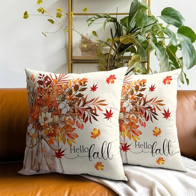 Fall Pillow Covers 18x18 Inch Set of 2 Autumn Thanksgiving Outdoor Throw Pillow Covers,Farmhouse Floral Mason Jar Cushion Case for Sofa Couch Decor