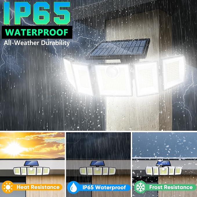 MDCMDCM Solar Lights Outdoor Waterproof Motion Sensor - 3000 Lumens 5-Head Adjustable Solar Flood Light, IP65 Waterproof Solar Security Light for Yard, Garage, Driveway, Garden(with Stakes, 3)