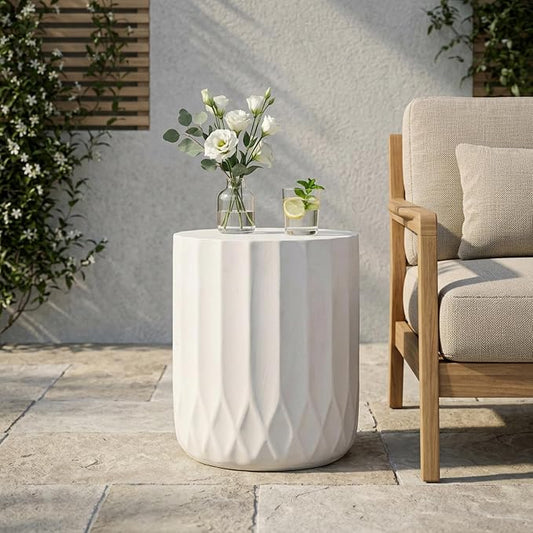Outdoor Concrete Side Table, Cylinder Patio End Table, Faux Stone Accent Table with Wave for Indoor Outdoor, Round Garden Stool Coffee Table for Patio, Garden, Backyard - 15" Antique White MgO