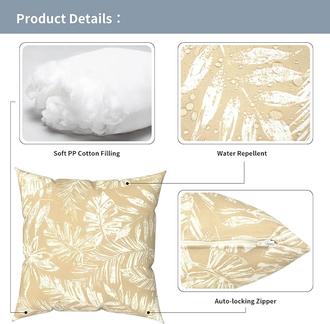 Outdoor Pillows with Insert 16x16 Inch, Waterproof Throw Pillow for Patio Furniture, Decorative Back Cushion for Garden Home Sofa Office Chair, Set of 2, Tropical Leaf Oat