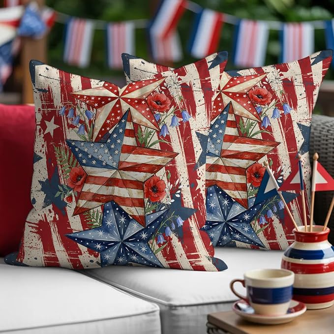 Independence Day Outdoor Pillow Covers 16"x16" Set of 2, Retro American Flag Star Red Flower Abstract Country Waterproof Throw Pillow Covers for Patio Furniture, Decorative Cushion Covers for Porch