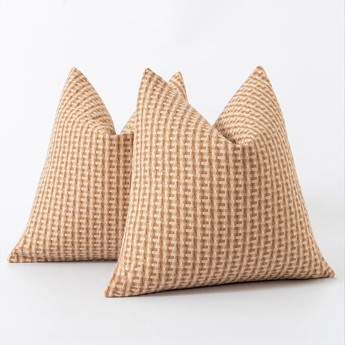 Kevin Textile Outdoor Waterproof 20"x20" Pillow Covers 2 Pack, Light Brown | Water Resistant Weaving Faux Linen Texture Throw Pillow Covers, Outside Decorative Pillowcases for Garden Patio Balcony Couch