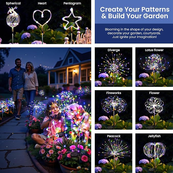 8Pack Solar Lights Outdoor, Multicolor Firework Lights | 120LED Fireworks Lights Solar Powered, Waterproof Fairy Garden Lights Decor Outside for Yard Pathway Lawn Patio