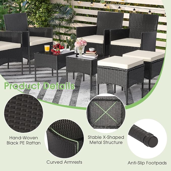 HAPPYGRILL 8 Piece Patio Furniture Set Outdoor Rattan Wicker Sofa Set with 2 Coffee Tables & 2 Ottomans, Rustproof Metal Frame, Soft Seat Cushions, Patio Wicker Conversation Set for Backyard Poolside