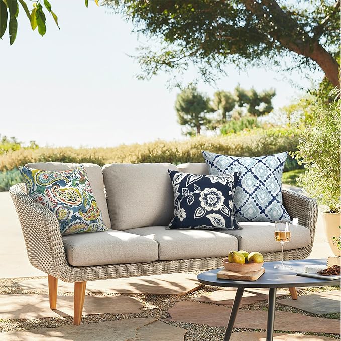 Outdoor Throw Pillows 16x16 Inch, Water Repellent Patio Pillows with Inners Set of 2 for Patio Furniture Home Graden, Elegant Vines Navy
