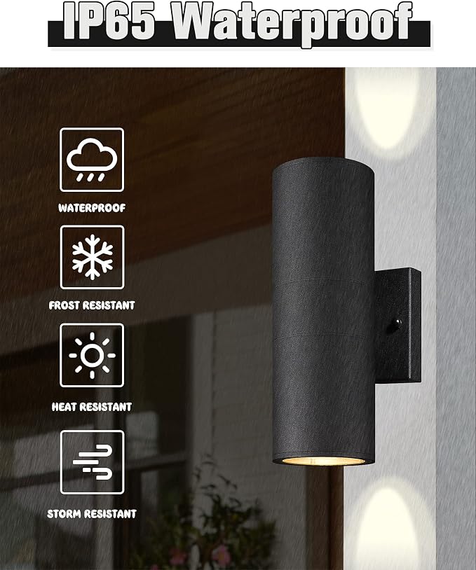 Ken & Ricky Cylinder Outdoor Wall Sconce Lights,Up and Down, Black, 1 Pack | Aluminum Waterproof Outdoor Wall light,No Glare,Exterior Lighting Fixtures,E26 Base，For Porch House Garage Front Door Patio