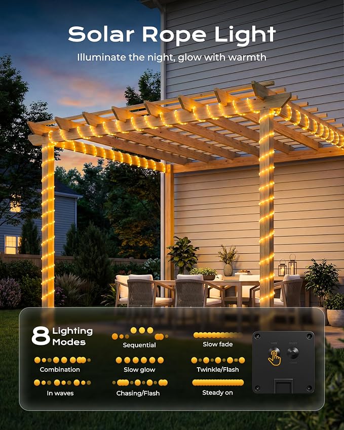 Brightown 2 Pack Total 78FT 200LED Warm White Solar Rope Lights Waterproof | IP65 waterproof solar fairy lights with 8 lighting modes, solar powered, perfect decor for yard, garden and outdoor tree