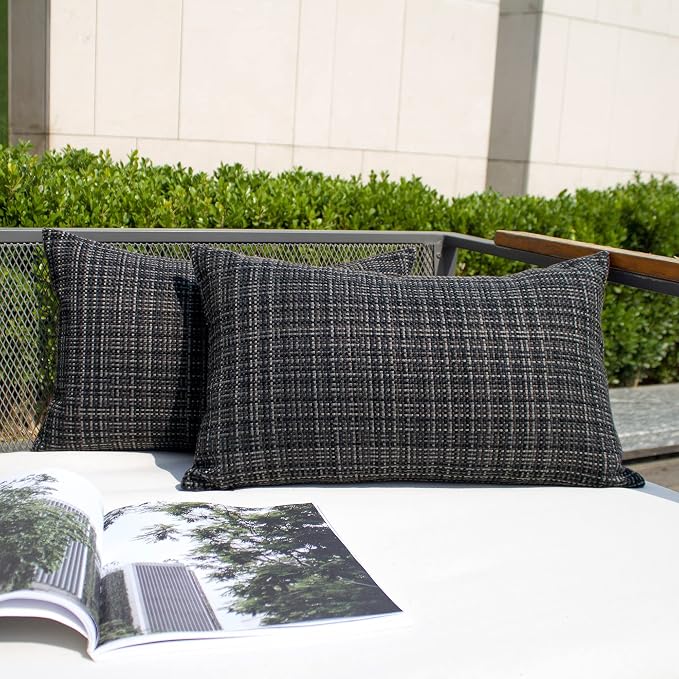 Kevin Textile Outdoor Waterproof 12"x20" Lumbar Pillow Covers 2 Pack, Black | Water Resistant, Faux Linen Yarn-dyed, Woven Texture Throw Pillow Covers for Tent Patio Garden Couch Sofa