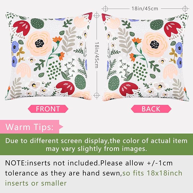 Pyonic Waterproof Outdoor Pillow Covers 18x18 Set of 2, Colorful Floral Decorative Cushion Covers for Patio Furniture, Garden, Balcony,Sunbrella， Boho Nordic Outdoor Indoor Home Decor