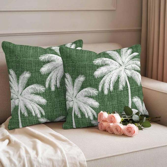 Outdoor Pillow Covers 24x24 Inch Set of 2, Dark Green Palm Trees Waterproof Throw Pillow Covers, Farmhouse Tropical Summer Beach Decorative Cushion Pillowcases for Couch, Sofa, Bed, Garden, Patio