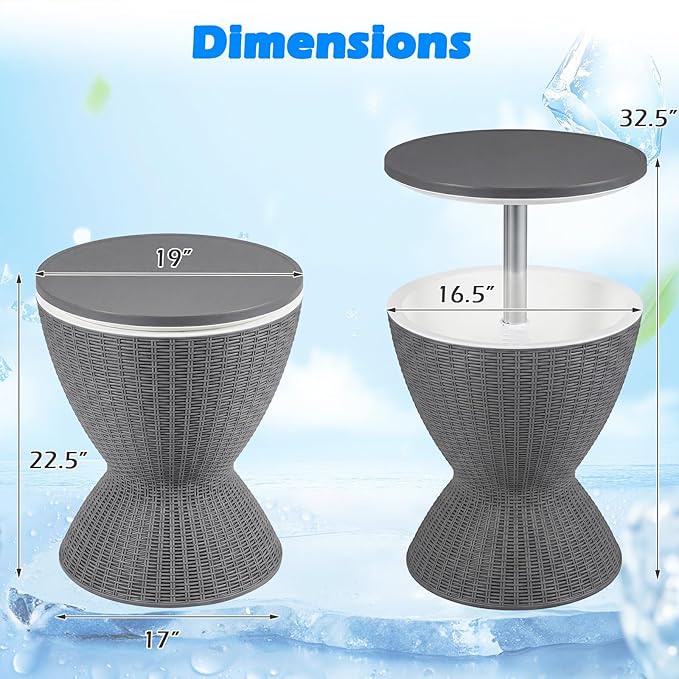 Tangkula Outdoor Cooler Table, Multi-Functional Cooler Bar Table, Adjustable Height Ice Cooler Side Table w/Drain Plug, 8 Gallon Beer & Wine Cooler, Rattan Style Patio Furniture for Pool Parties