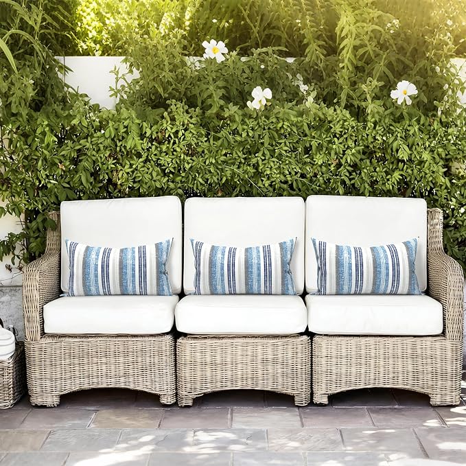 LVTXIII Outdoor/Indoor Lumbar Pillows, Decorative Patio Lumbar Cushions, Fluffy Fade Resistant Throw Pillow Cushions for Home Patio Coach Sofa, 12×20 Inch, Pack of 2, Stripe Layered Blue