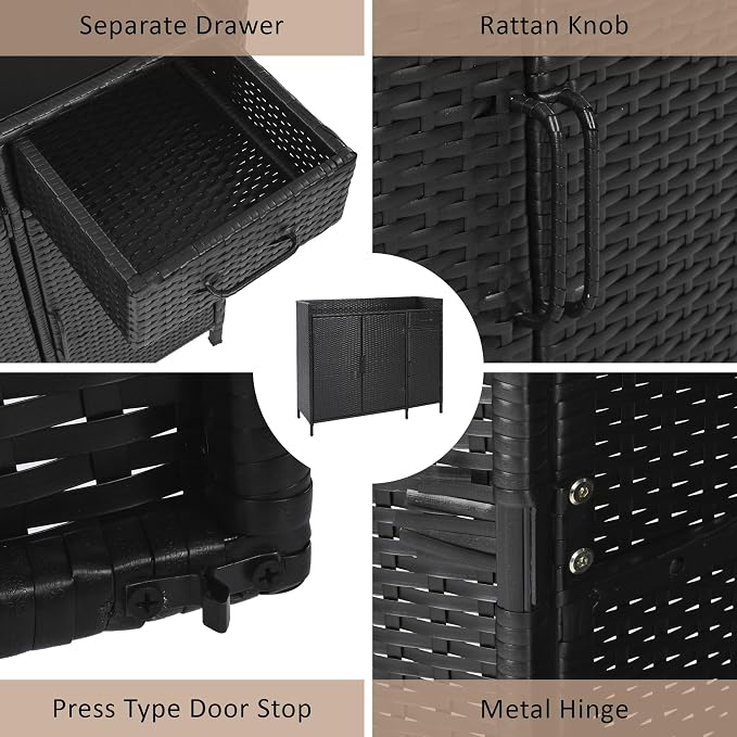 47.5" W Wicker Outdoor Storage Cabinet with Tempered Glass Desktop, Adjustable Shelf, Drawer, and Three Doors – Weather-Proof Rattan Bar Table for Outdoor Cushions and Pool Toys