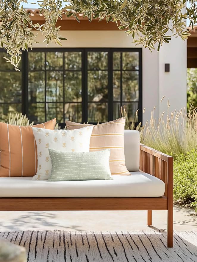 Modern Farmhouse Fall Linen Indoor Outdoor Throw Pillow Cover Only, 20"x20" Water Repellent for Patio, Backyard, Couch, Neutral Ivory Cream Floral