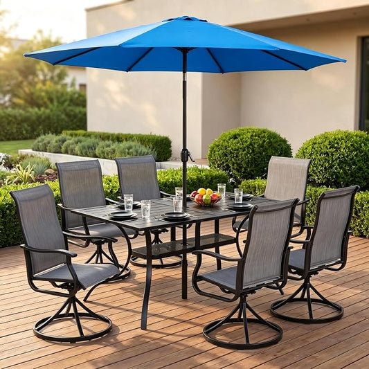 Crownland 7 Piece Furniture Patio Dining Set with Sky Blue Umbrella, 6 Swivel Metal Chairs and Rectangular Outdoor Dining Table, Outdoor Furniture Dining Set for Lawn, Backyard, Garden(Grey)