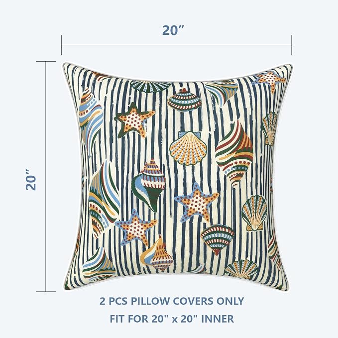 LVTXIII Set of 2 Patio Throw Pillows Covers Waterproof 20x20 Fade Resistant Outdoor Throw Pillow Case, Fluffy Decorative Garden Toss Pillow Covers for Home Patio Coach Sofa Use, Crayon Shells