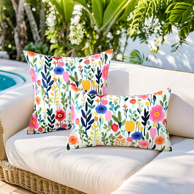 Outdoor Pillows Covers 12X20 Inch Pack of 2, Spring Floral Waterproof Throw Pillow Covers, White Printed Flower Decorative Square Pillowcases for Summer Patio Furniture Garden Balcony Porch