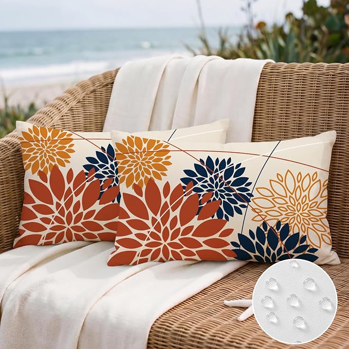 OTOSTAR Outdoor Orange Dark Blue Pillow Covers 12x20 Inch Set of 2 Flower Throw Pillows Farmhouse Geometric Dahlia Floral Lumbar Cushion Case Waterproof Decor for Sofa Patio Funiture Garden