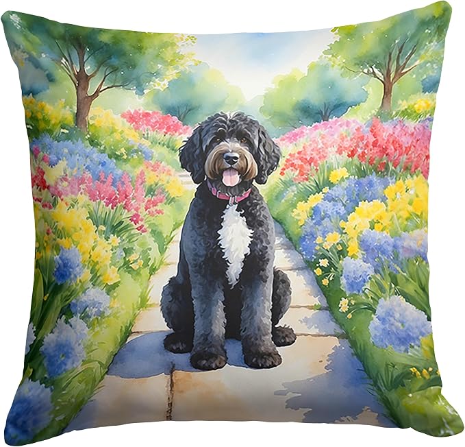 Caroline's Treasures Portuguese Water Dog Spring Path Throw Pillow Machine Washable, Indoor Outdoor Decorative Pillow for Couch, Bed or Patio, 18Hx18W