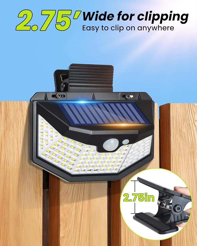 Clip on Solar Lights Outdoor with Motion Sensor, 800LM & 270° Wide Angle Solar Fence Lights Outdoor Waterproof with 115 LEDs, 3 Modes & Portable Security Lights for Chain Link Patio Deck Yard (6Pack)