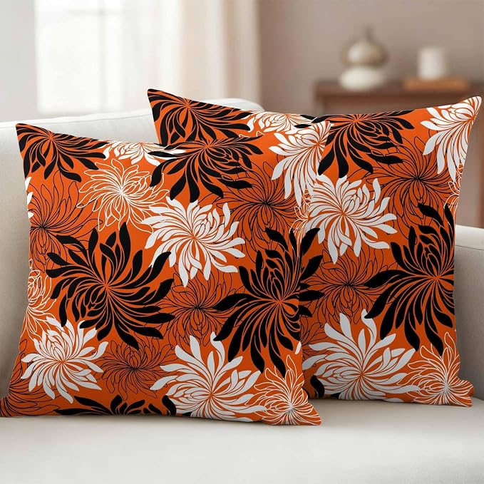 Yukro Orange Black Floral Outdoor Waterproof Pillow Covers Pack of 2, Vintage White Black Flower Orange Decorative Throw Pillowcases Cushion Covers for Garden Patio Tent Sofa Couch, 26x26 inch