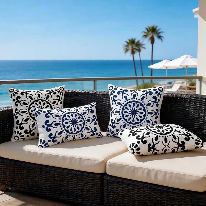 Set of 2 Navy Blue Outdoor Waterproof Pillow Covers 12x20 Inch | Morocco Tile Floral Decorative Throw Pillow Cover, Abstract Boho Outdoor Cushion Cases for Patio Funiture Garden Couch Bench