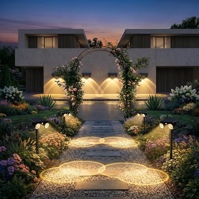 Solar Lights Outdoor Waterproof, Dual Heads Adjustable Solar Spot Lights Outdoor, 2-in-1 Motion Sensor Solar Powered Spotlight Landscape Lighting for Garden, Yard, Pathway- 2 Pack (Warm Light)