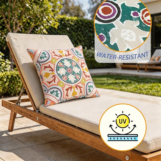 18" Outdoor Throw Pillows Set of 4, Waterproof & Fade Resistant Patio Furniture Pillows with Built-in Inserts, All-in-One Orange Boho Design for Sofa, Patio or Backyard Relaxation
