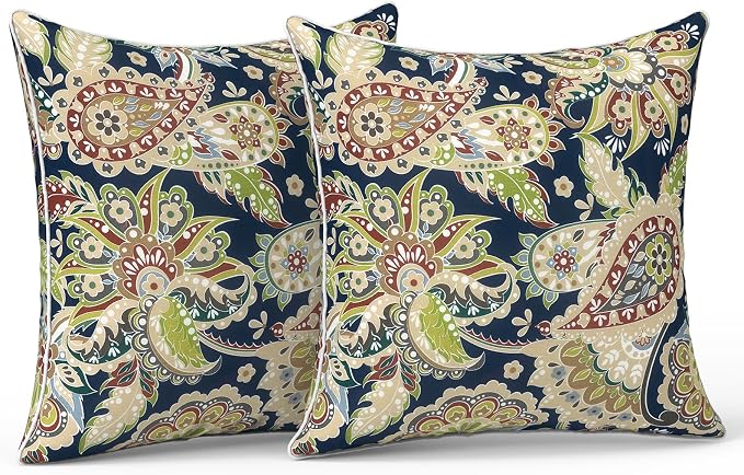 LVTXIII Outdoor Throw Pillows 18x18 Patio Waterproof Square Pillows with Piping Fade Resistant Accent Pillow for Spring Summer Garden Decoration, Set of 2, Paisley Sapphire Blue