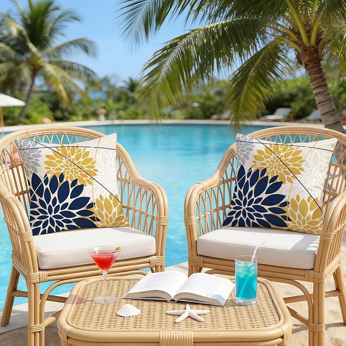 OTOSTAR Outdoor Dark Blue Yellow Pillow Covers 18x18 Inch Set of 2 Light Grey Flower Throw Pillows Geometric Dahlia Floral Square Cushion Case Waterproof Decor for Sofa Patio Funiture Garden