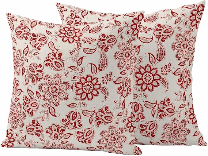 Abstract Paisley Pattern Outdoor Pillow Covers Set of 2 Retro Ethnic Red Flower Waterproof Throw Pillow Cover Decorative Cushion Cases for Patio Porch Garden 24X24 Inch