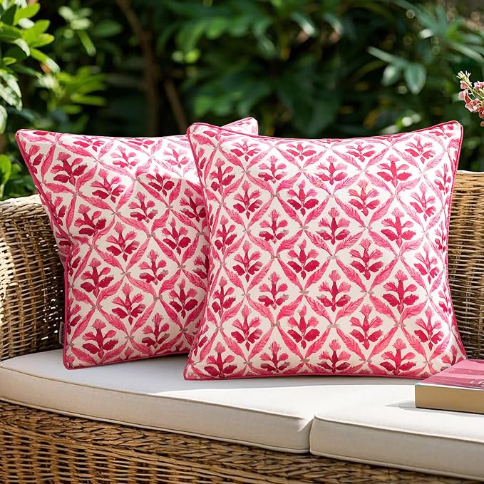 MIULEE Outdoor Floral Pillow Covers Waterproof 18x18 Hot Pink | Decorative Block Print,Boho Farmhouse, Set of 2 Coastal Summer Cushion Covers with Piping,Garden Patio Furniture Porch Couch