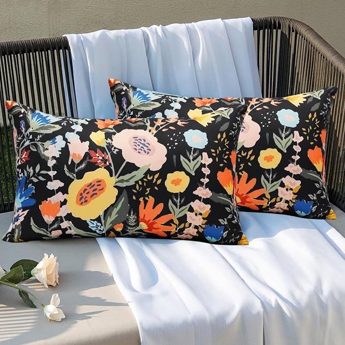 Pack of 2 Waterproof Outdoor Throw Pillows Cover 12x20 Inch Colorful Floral Decorative Farmhouse Rectangle Pillowcases Outdoor Lumbar Pillows for Patio Furniture Garden,Black Flower