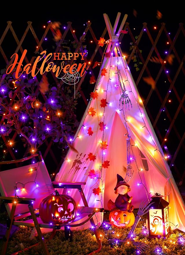 Minetom 2Pack Solar Halloween Lights Outdoor,Total 80FT 200LED String Light | Solar Halloween Decoration Outdoor with 8 Mode, Waterproof Solar String Lights for Outside Tree Yard, Orange & Purple