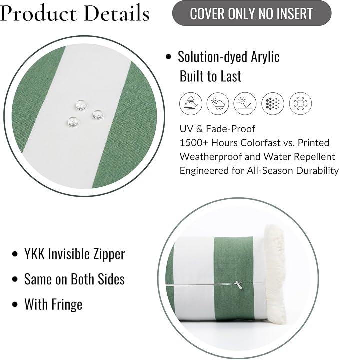 Hofdeco Premium Coastal Hampton Outdoor Performance Bolster Pillow Cover Only, 6"x20" Water Repellent, UV and Fade Resistant for Backyard, Couch, Poolside, Green Woven Beach Stripes
