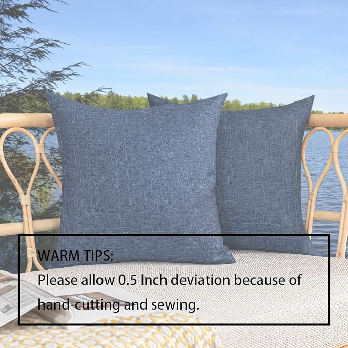 Kevin Textile Outdoor Waterproof 16”x16” Pillow Covers 2 Pack, Blue | Water Resistant, Soft Faux Linen-cotton Yarn-dyed Woven Texture Throw Pillow Covers for Tent Patio Garden Couch Sofa