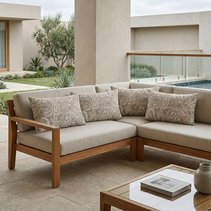 RSH DECOR: Lumbar Throw Pillows Set of 4 | 20" x 12" | Water and Fade-Resistant Performance Fabric | Outdoor Pillow Covers with Down-Alternative Inserts | Made in USA (Ayideal Fossil)