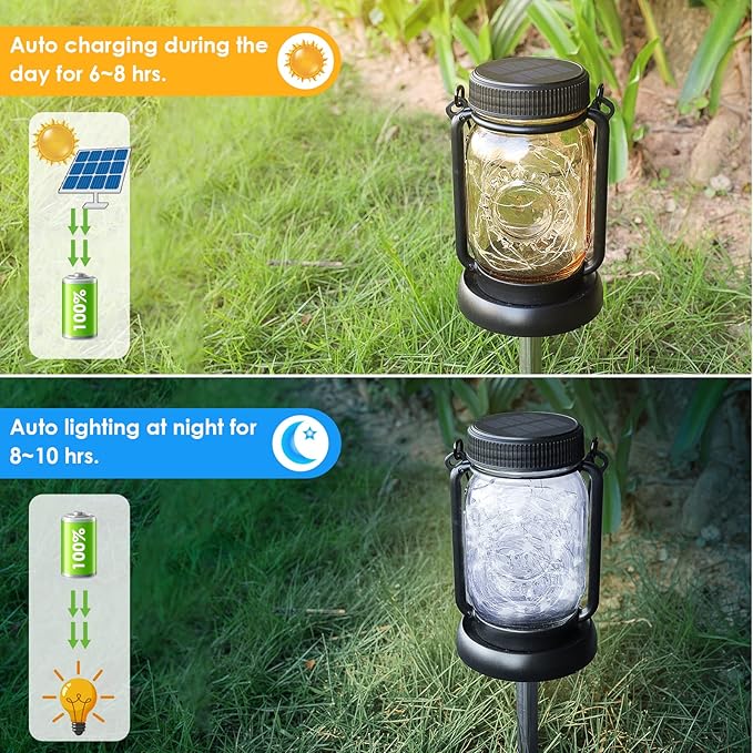 4 Pack Solar Mason Jar Hanging Lantern with Stakes, Cool White | Solar Fairy String Lights, Vintage Glass Lamp, Waterproof, Bright, for Indoor Outdoor Yard Patio Path Tree Xmas Decor