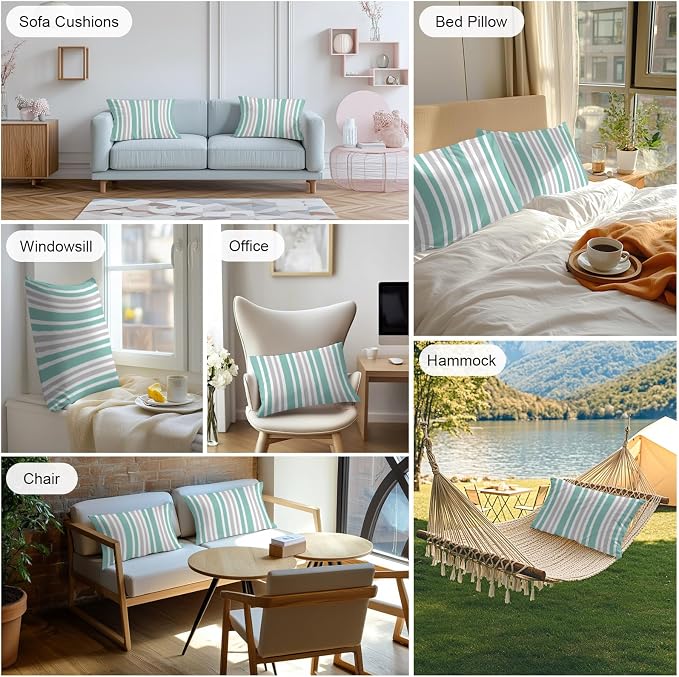 Aqua Grey Stripe Outdoor Pillow Covers 20x12 Inch Lumbar Pillow Covers Set of 2 Waterproof Decorative Throw Pillow Cases Farmhouse Minimalist Striped Cushion Covers for Patio Furniture Garden Couch