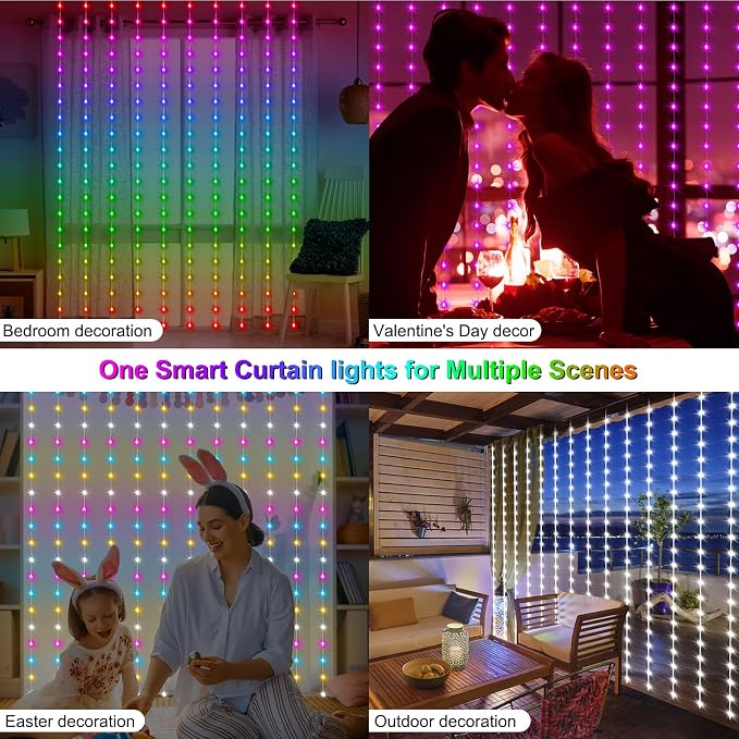 echosari Smart Curtain Lights 6.6 x 9.8Ft 16 Million Colors Changing | 300 LED Fairy Curtain Lights DIY Functions with Remote APP Hanging Light for Patio Bedroom Decor