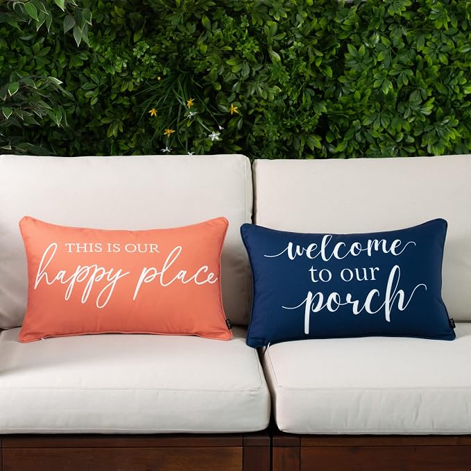 Hofdeco Premium Porch Patio Indoor Outdoor Lumbar Pillow Cover ONLY for Backyard, Couch, Sofa, Navy Blue Welcome to Our Porch, 12"x20"
