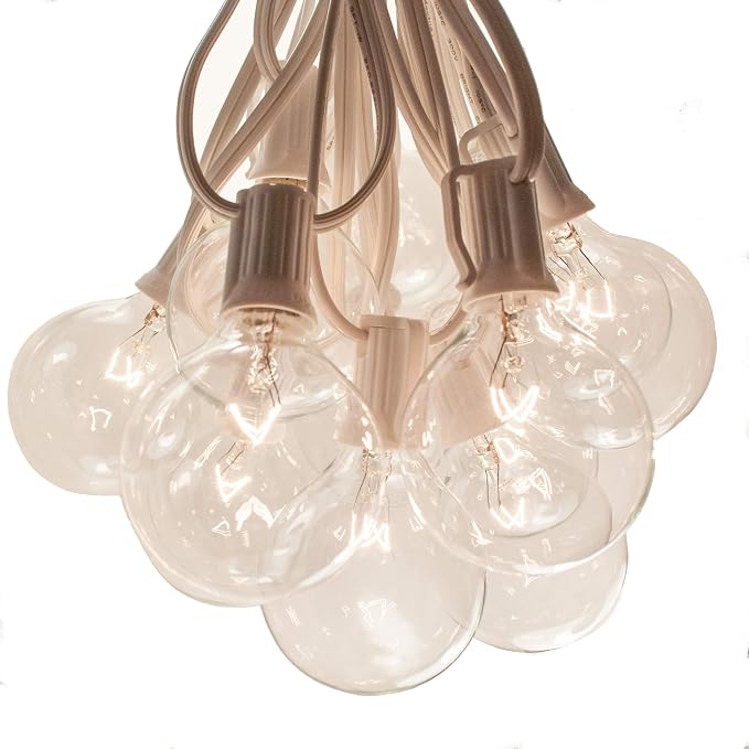 G50 Clear 2 Inch Light Bulbs with C7 Stringer 18 Gauge (White Wire, 25')