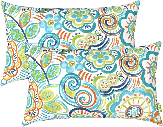 LVTXIII Outdoor/Indoor Lumbar Pillows, Decorative Patio Lumbar Cushions, Fluffy Water Repellent Garden Cushions for Home Patio Coach Sofa Use, 12×20 Inch, Pack of 2, Flower Blue
