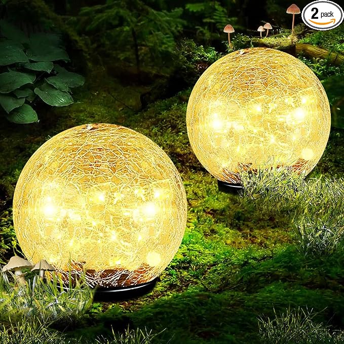 Garden Solar Ball Lights Outdoor Waterproof, 80 LED Cracked Glass Globe Solar Power Ground Lights for Path Yard Patio Lawn, Halloween Christmas Decoration Landscape Warm White(2 Pack 5.9'')